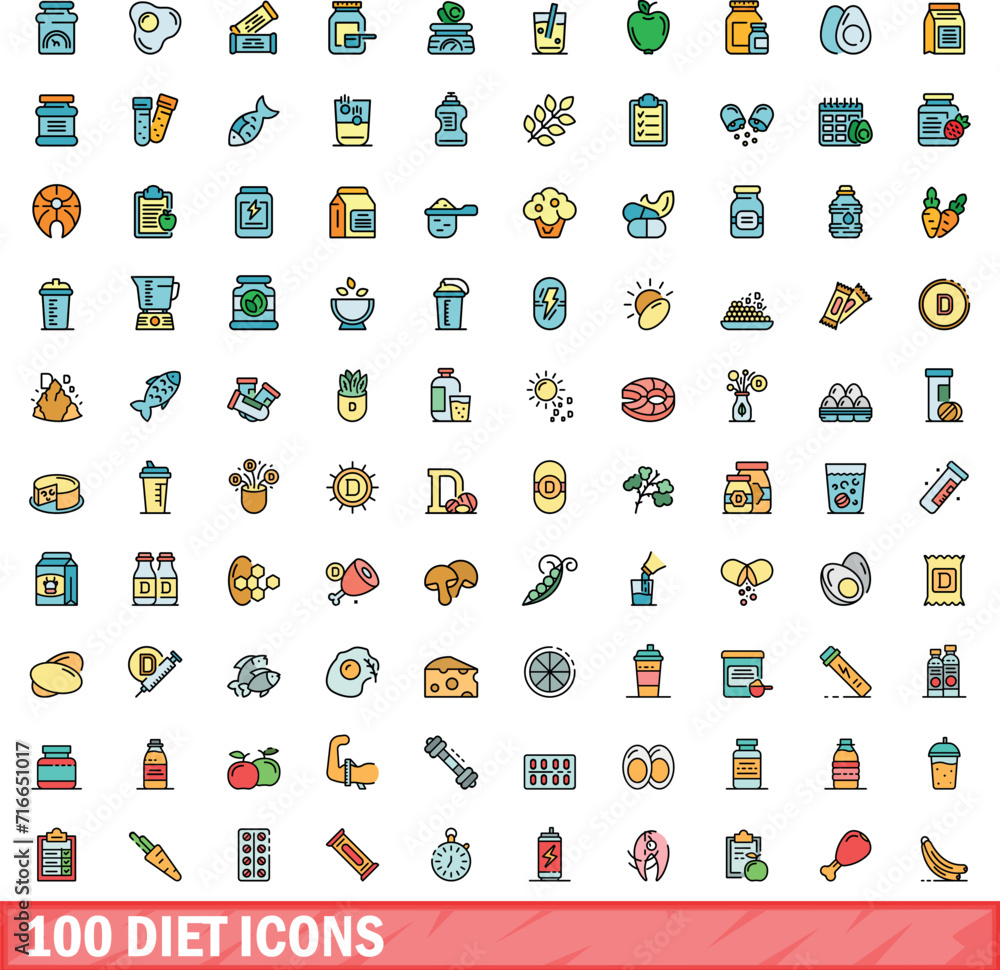 Poster 100 diet icons set. color line set of diet vector icons thin line color flat on white