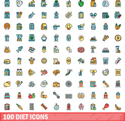 100 diet icons set. Color line set of diet vector icons thin line color flat on white
