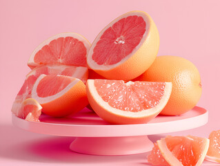 Cut juicy grapefruits on a pink background