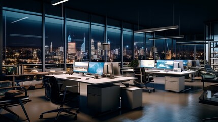 Fototapeta premium contemporary nighttime office interior with aligned workstations and modern design