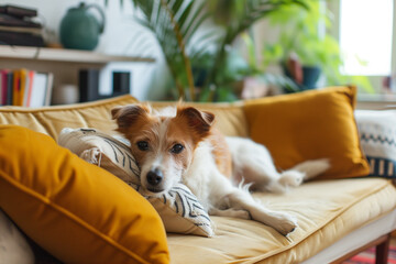 Hund liegt müde auf dem Sofa - obrazy, fototapety, plakaty