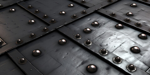 Black metal plate or armour texture with rivets stock photo
