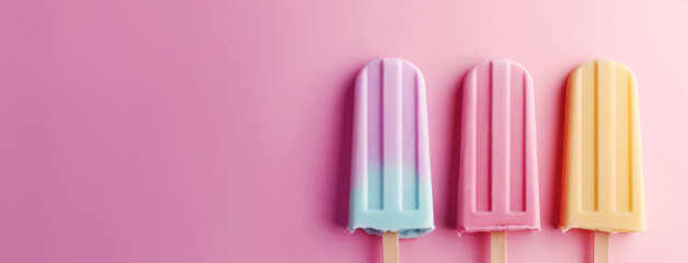 Fototapeta premium Bright popsicles on pink background, symbolise summer coolness.
