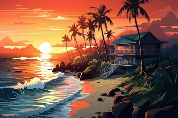 Summer tropical landscape with bungalow on ocean beach with sunst