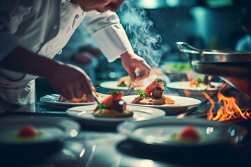 hotel chef and kitchen staff preparing exquisite dishes, emphasizing culinary expertise and the commitment to providing exceptional dining experiences in a minimalistic photo - obrazy, fototapety, plakaty