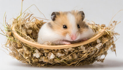 Cute small hamster sleep in the nest isolated in a white background. Generative AI.