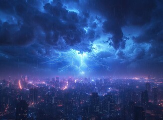 A tumultuous night sky illuminates the towering skyscrapers as lightning strikes the city, creating a fiery spectacle amidst the peaceful display of nature and celebratory bursts of fireworks