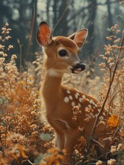 A doe tenderly watches over her fawn as they stand in a vibrant field of flowers, showcasing the beauty and innocence of nature's creatures