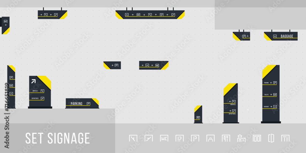 Poster set of signage vector.direction,pole, wall mount and traffic signage system design template set.exte