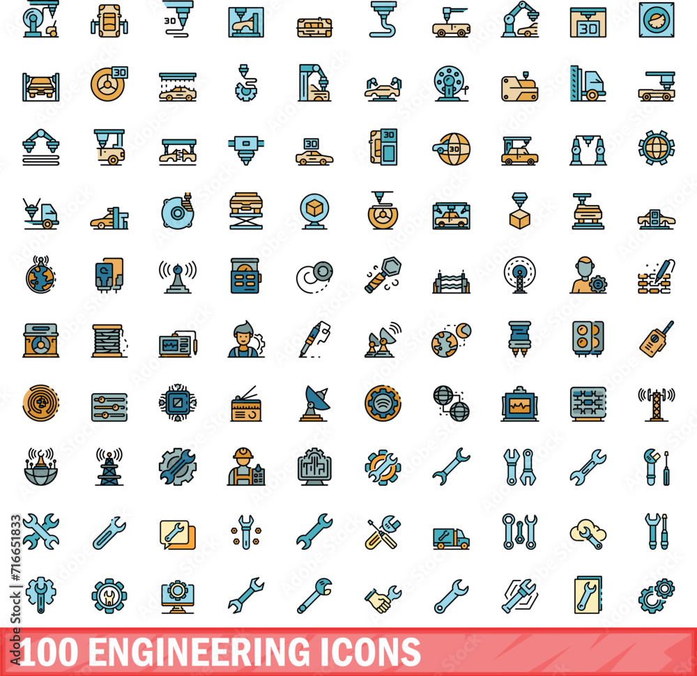 Aufkleber 100 engineering icons set. color line set of engineering vector icons thin line color flat on white