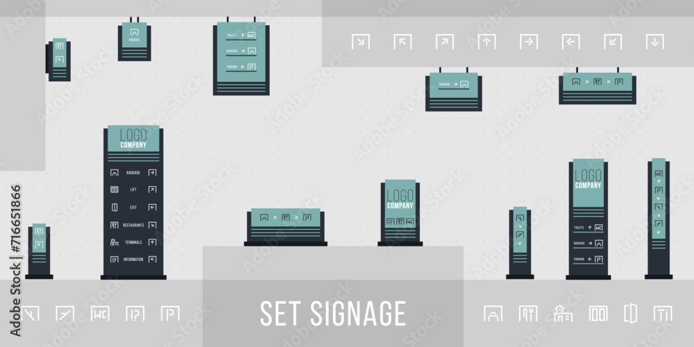 Poster set of signage vector.direction,pole, wall mount and traffic signage system design template set.exte