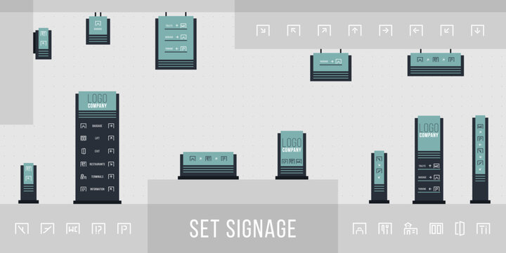 Set of signage vector.Direction,pole, wall mount and traffic signage system design template set.Exterior and interior signage concept. Office exterior monument sign, pylon sign