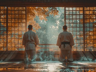 Two men in white robes stand at an outdoor window, their reflections distorted by the rippling water as they contemplate their holy calling and the world beyond