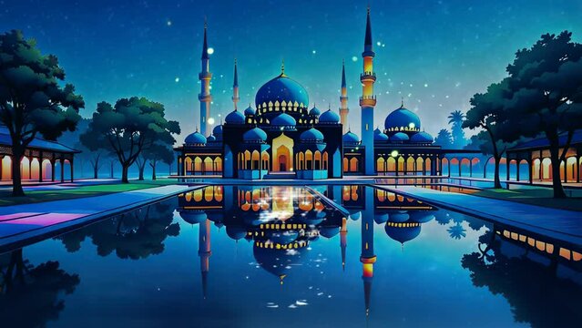 Nighttime Bliss: Animated Spectacle of Mosques Embellished for the Festive Ramadan Occasion