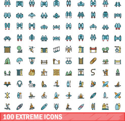 100 extreme icons set. Color line set of extreme vector icons thin line color flat on white
