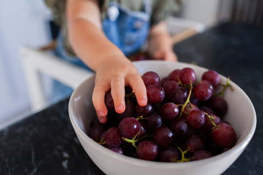 Toddlers hand reaching out to grab handful of fresh purple grapes from bowl on bench
