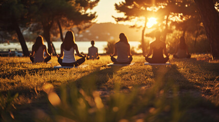 A group of people practicing yoga in a peaceful outdoor setting at dawn. - obrazy, fototapety, plakaty