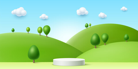 3d summer kid podium with green grass and trees. Vector rendering background in cute childish style with round stage or pedestal at bright summertime landscape, hills and meadow under blue cloudy sky - obrazy, fototapety, plakaty