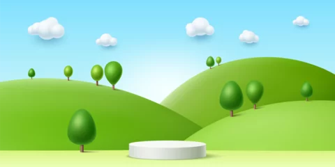 Poster 3d summer kid podium with green grass and trees. Vector rendering background in cute childish style with round stage or pedestal at bright summertime landscape, hills and meadow under blue cloudy sky © Buch&Bee