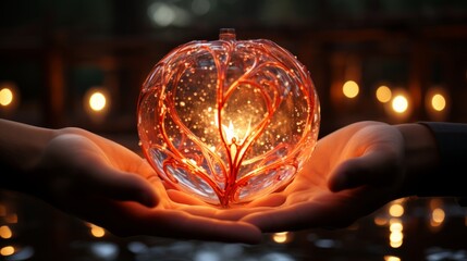 Hands Cradling Illuminated Heart in Darkness