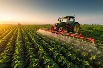 Green Tractor Spraying Pesticides on field Plantation