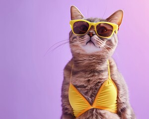 A photo of a cat in a neon yellow bikini, with trendy sunglasses, on a lavender background, exuding summer coolness,