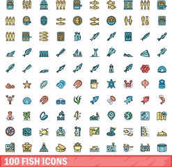 100 fish icons set. Color line set of fish vector icons thin line color flat on white