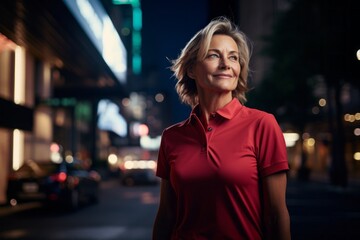Fototapeta premium Portrait of a blissful woman in her 50s wearing a breathable golf polo against a bustling city street at night. AI Generation