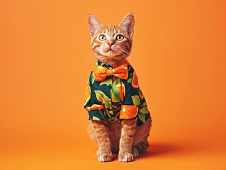 A photo of a cat in a playful summer outfit with a cute bow tie, sitting smartly, on a tangerine background 