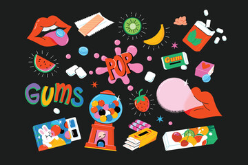 Abstract funny cute gums and bubbles elements in comic style on dark background. A large set of colorful vector isolated illustrations. Cartoon style.  Poster cards templates. Sugar sweet gum party.