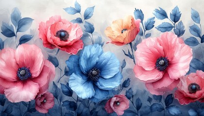 Colorful Blue And Pink Flower Watercolor Pattern Background. Wallpaper. Valentine's Day Banner. Abstract. Winter. Christmas. Summer. Spring