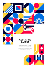 Abstract poster and banner with bauhaus geometric pattern. Vector background with minimal shapes. Vintage art layout template with bold primitive elements as circles, triangles, dots and squares