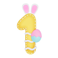 Easter bunny holiday number 1 with cute decoration on transparent background , 3D Rendering