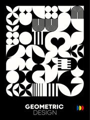 Modern monochrome abstract poster with geometric bauhaus pattern. Contemporary vector sleek cover exudes sophistication, creating visually striking design in captivating fusion of form and simplicity