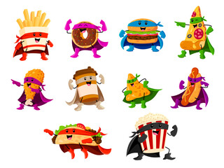 Cartoon fast food superhero characters. Vector comics personages french fries, donut, burger and pizza slice, chicken drumstick, coffee cup, nachos and hot dog with tacos and pop corn wear costumes