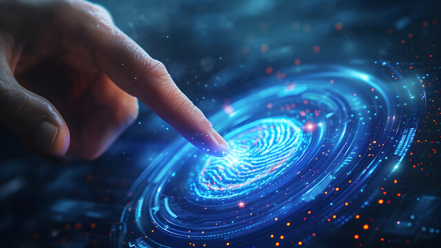 finger scanning fingerprint patterns on the screen, futuristic design.