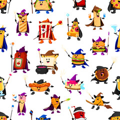 Obraz na płótnie Canvas Halloween fast food mage, wizard and witch characters seamless pattern. Vector tile background with popcorn, ketchup, pizza and shawarma. Burger, donut, cheesecake and nachos with chicken or hotdog