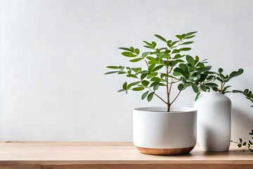 Plant on wooden table against white empty wall with copy space in living room interior. Real photo concept. Place for your furniture