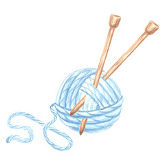Watercolor knitting needles in tangle of blue threads. Template illustration knitting crochet hook and needles. Isolated hand drawn illustration for cards, knitter blog, needlework store, embroidery