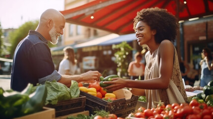 Young Beautiful Customer Shopping for Fresh Natural Vegetables for a Mediterranean Dinner. Black Female Buying Bio Tomatoes and Ecological Local Garlic From a Happy Senior Street Vendor.