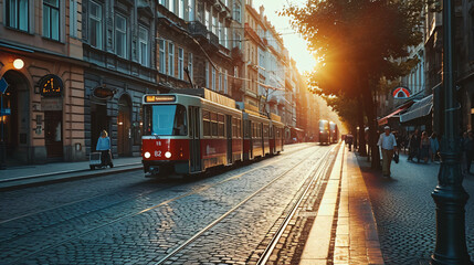 A historical city center with vintage trams and cobblestone streets late afternoon. - obrazy, fototapety, plakaty