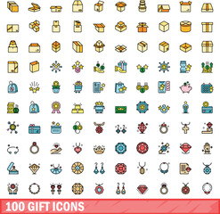 100 gift icons set. Color line set of gift vector icons thin line color flat on white