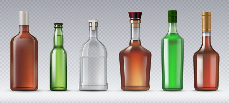 Realistic alcohol glass bottles. Scotch and beer, gin and bourbon, absinthe, brandy bottles. Vector containers designed to store and transport alcoholic beverages, preserving their quality and flavor