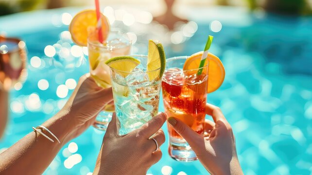 A photo of a close-up of hands toasting with summer cocktails at a poolside party, with a sunlit, refreshing background, in a bright,