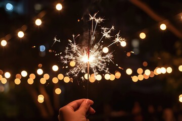 A photo of a close-up on a hand holding a sparkler at a summer night party, with blurred lights in the 