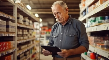Fototapeta premium Elderly man working in a hardware store using digital tablet. Small business concept.