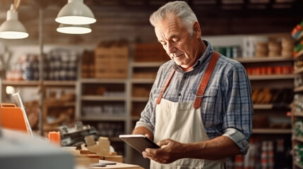 Elderly man working in a hardware store using digital tablet. Small business concept. - obrazy, fototapety, plakaty