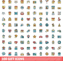 100 gift icons set. Color line set of gift vector icons thin line color flat on white