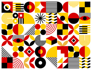 Modern abstract geometric black, red and yellow pattern background, creating a visually striking contrast, seamlessly integrates bold shapes, evoking a dynamic and contemporary vector aesthetics