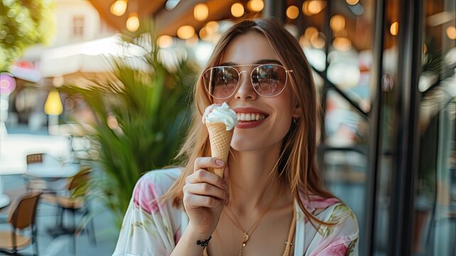 A photo of a fashionable young adult eating a gourmet ice cream in a chic outdoor cafe, with stylish decor and a summery ambiance, in a sophisticated,